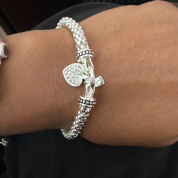 Silver crystal pave heart charm bracelet - Picture 2 of 2